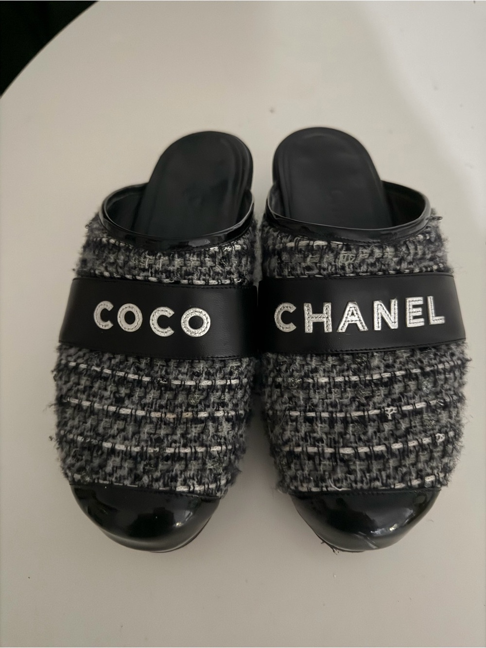 CHANEL Black & Gray Tweed COCO CHANEL Slide Sandals